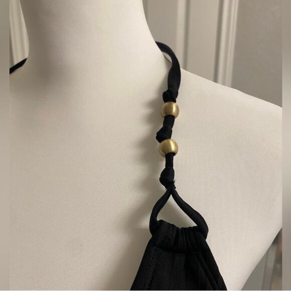 Shade & Shore Black Halter One-Piece Swimsuit Ribbed  Gold Bead Detail Size XS - Picture 4 of 7